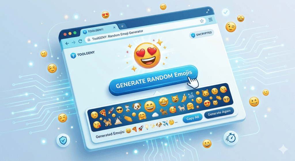A colorful 3D isometric vector illustration of an online Random Emoji Generator tool featuring a central floating emoji cluster, a 'GENERATE EMOJI' button, and search icons on a modern blue and white dashboard interface