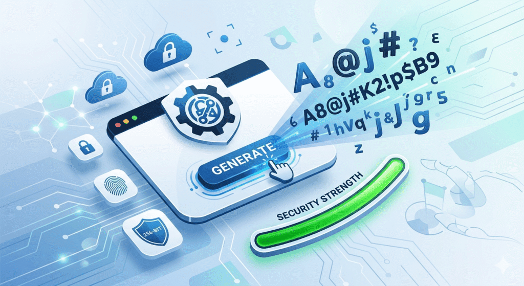 Alt Text: Modern 3D vector illustration of an online Random Password Generator interface featuring a 'Generate' button, security shield, strong password characters, and a green security strength bar on a tech background.