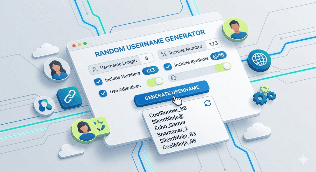 Modern 3D web interface vector illustration of a Random Username Generator tool showing custom options like length, numbers, symbols, and a list of generated names on a tech background