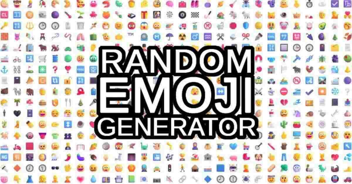 A colorful grid background featuring a wide variety of emojis with the bold title "RANDOM EMOJI GENERATOR" centered in large white letters with a black outline.