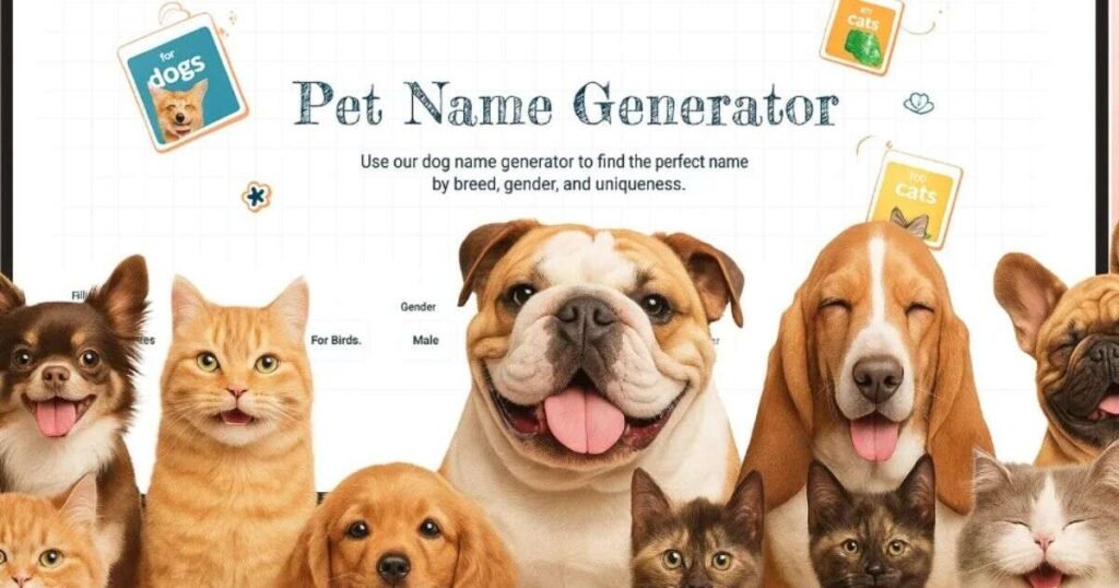 A collage of happy dogs and cats of various breeds underneath the text "Pet Name Generator."